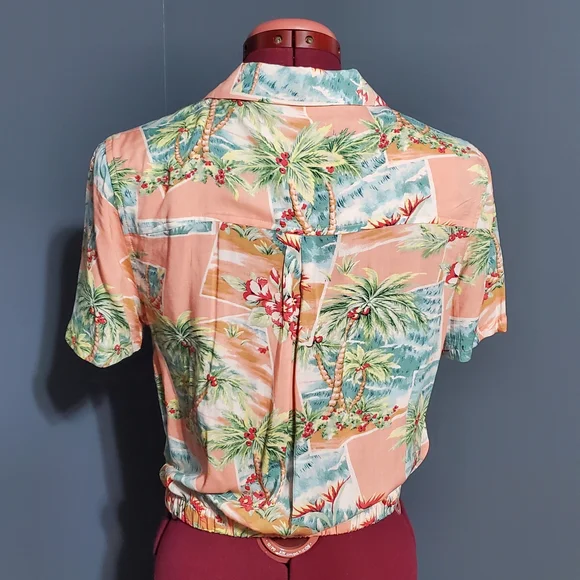 American Eagle Multicolor Tropical Hawaiian Blouse Tie Front Women's Size Small - Picture 3 of 6